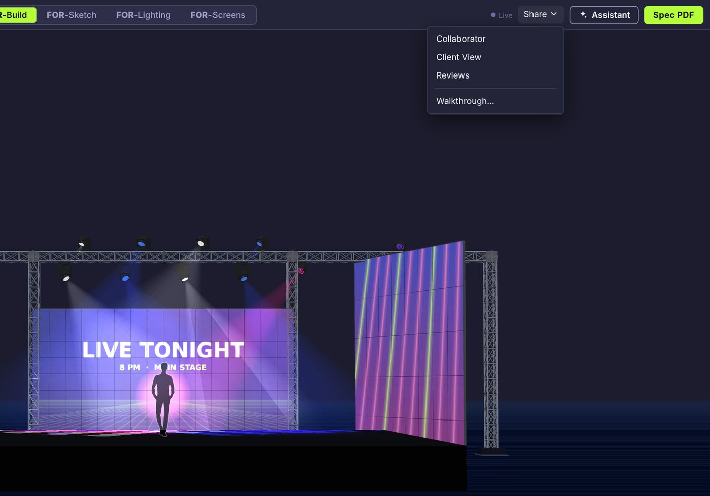 The Share menu in Forectra: Collaborator, Client View, Reviews and Walkthrough