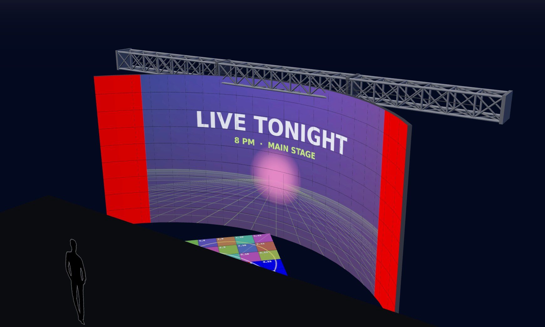 Curved LED wall under truss with content mapped, designed in Forectra
